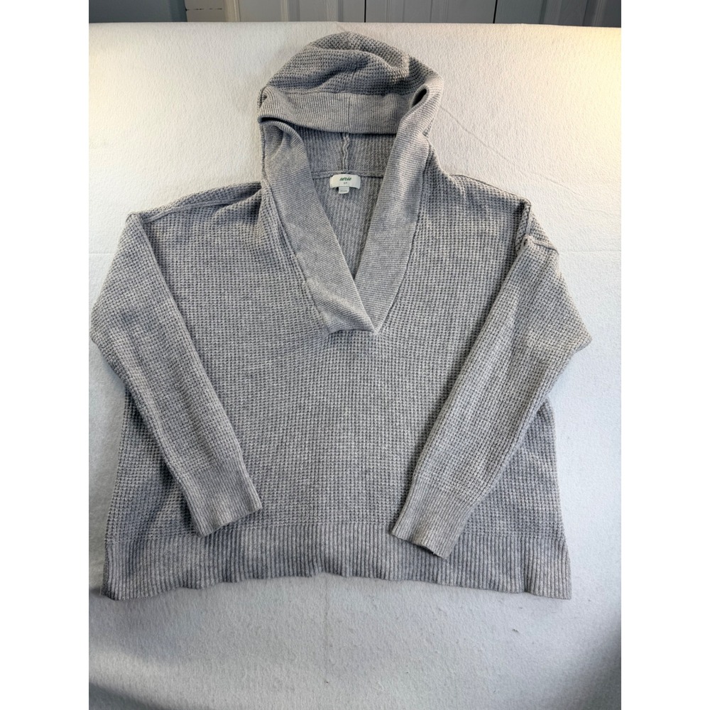 Aerie Womens Gray Waffle Knit V-Neck Hoodie Sweater Relaxed Fit Small S/P